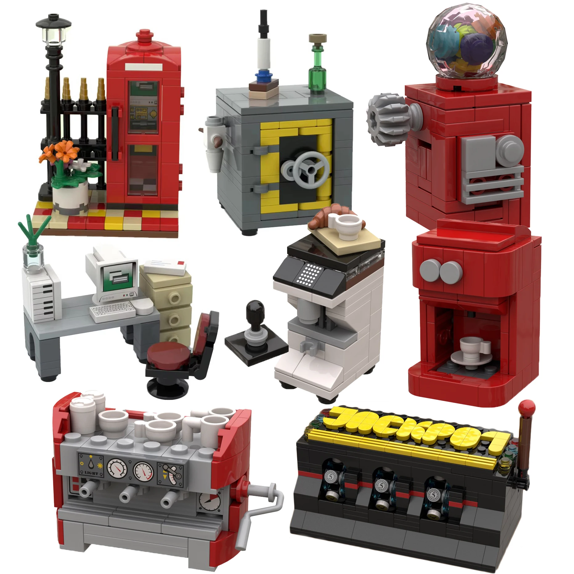 M OC Computer Officer Desk Building Blocks Red Telephone Booth Safe Street View Construction Candy Gachapon Machine Bricks Toys