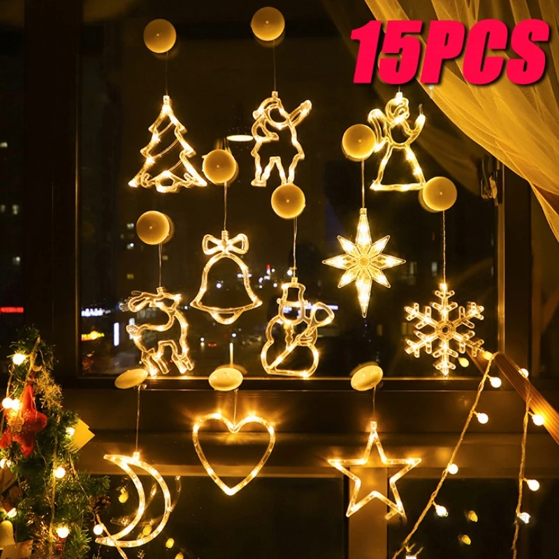 15PCS Christmas String Lights LED String Lights Suction Cup String Lights Showcase Window Decoration Festive Decoration Lights