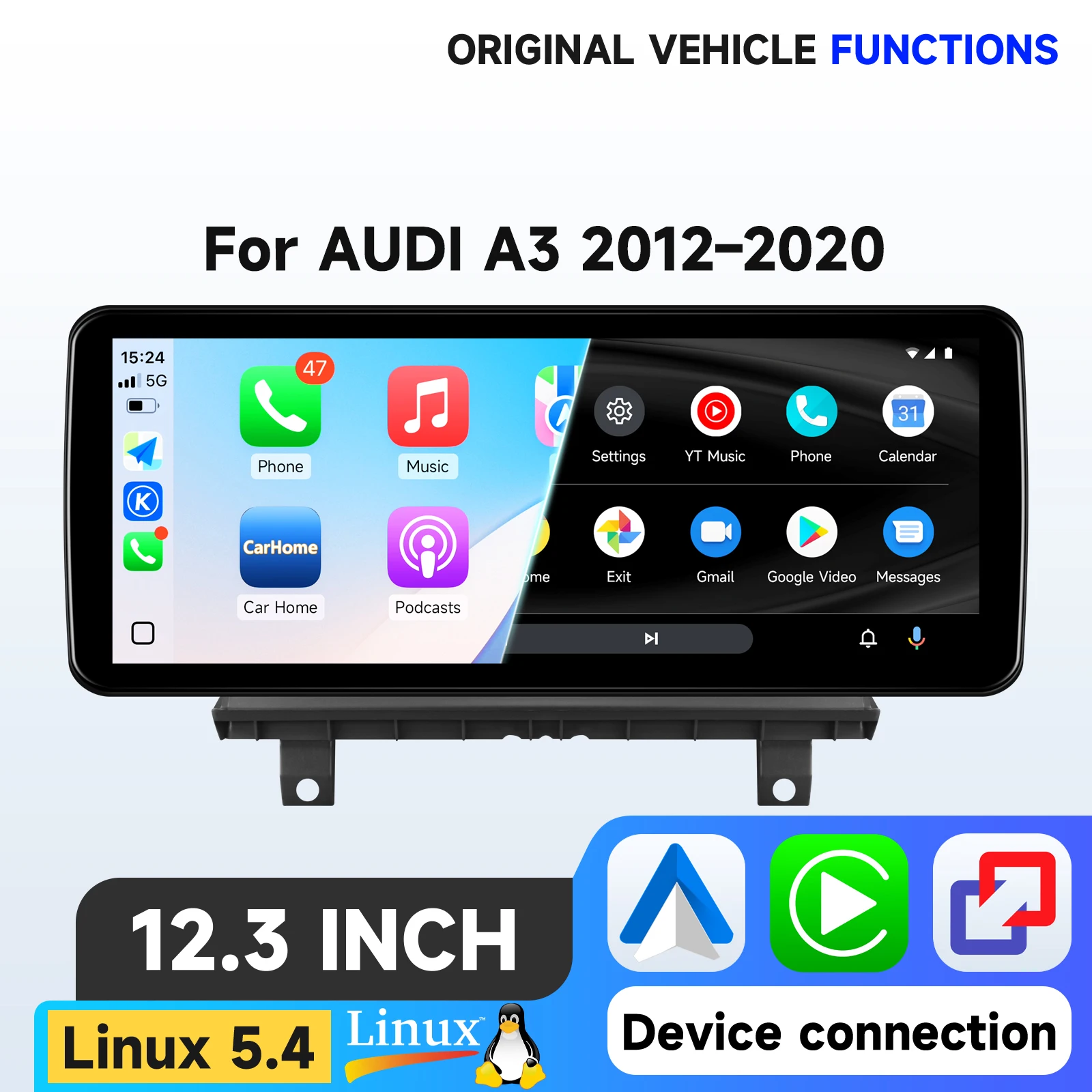 Hizpo 12,3' Linux-Bildschirm Multimedia für AUDI A3 2012-2020, kabelloses CarPlay, Android Auto, Airplay, Autoradio-Player, Stereo, GPS-Navigation, Audio, Original-Auto-CD-Player,