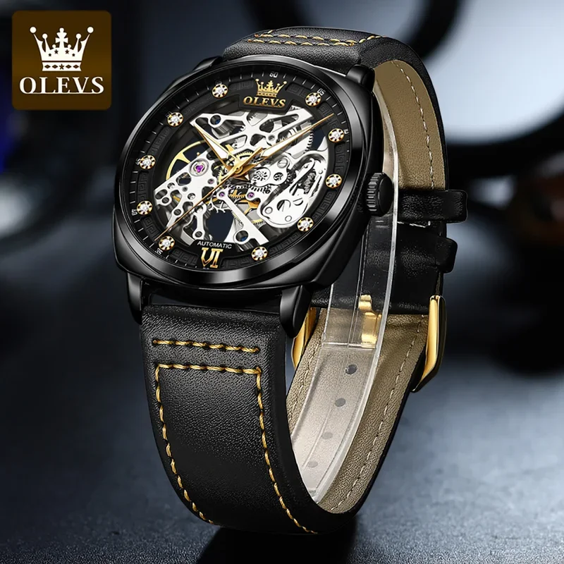 OLEVS 6651 Orologio da uomo Moda Scava fuori Orologio meccanico completamente automatico da uomo Cinturino in pelle di lusso Orologio da polso da uomo impermeabile