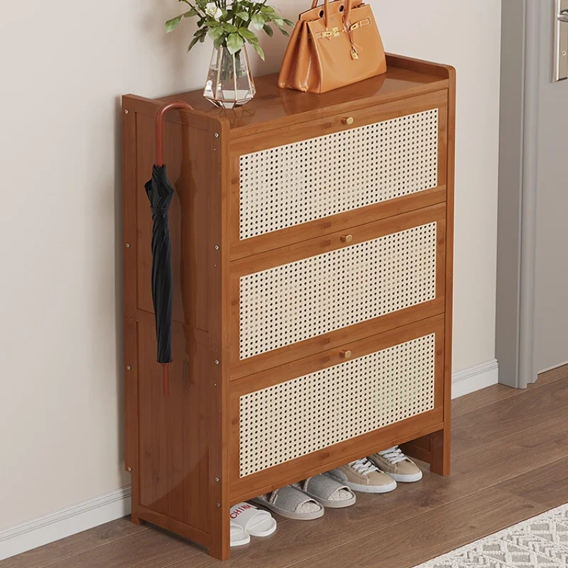 Bamboo Multi-layer Shoes Organization Rattan Flip Shoe Rack Living Room Against The Wall Boot Shelf Versatile Storage Cabinet