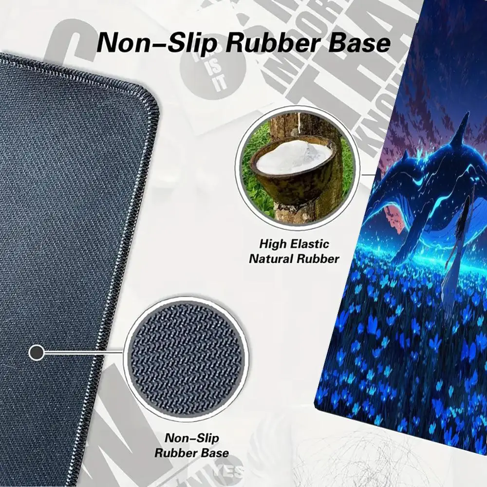 Tappetino per mouse Fantasy Neon Whale & Girl, tappetino da scrivania con fiori blu incantati per gli appassionati di anime