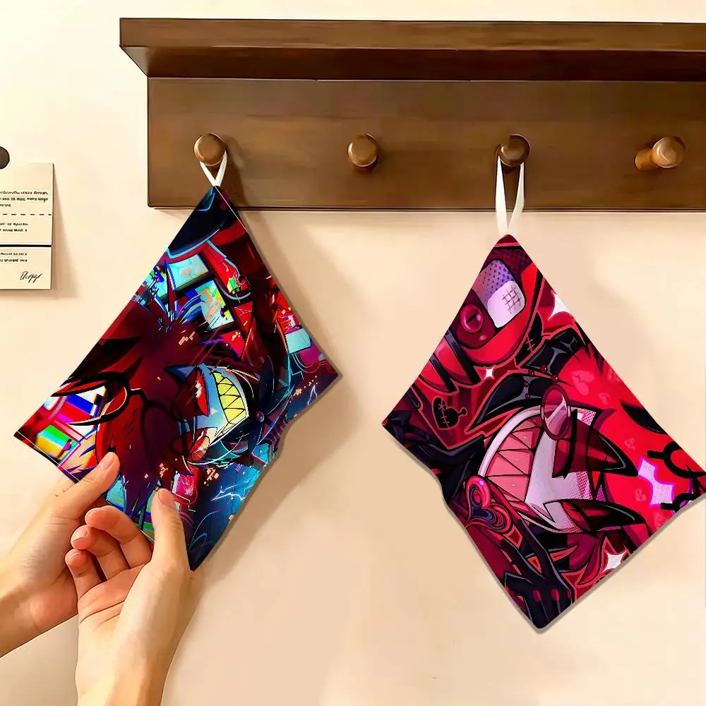 Anime Alastor Hotel Hazbin Polyester Cotton Hanging Kitchen Towel, Skin Friendly Hand Wiping Towel for Hotel Cafe Household