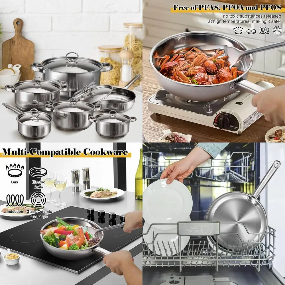 

15-Piece Stainless Steel Cookware Set: 6 Pots & Pans, 6 Lids, 3 Utensils, Fixed Handles, Induction and Dishwasher Safe