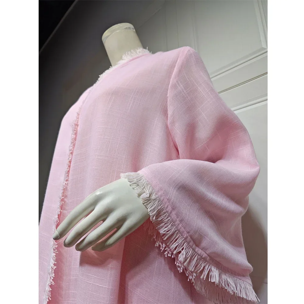 

Eid Ramadan Open Abaya for Women Plain Tassel Dubai Causal Cotton Linen Modest Abayas Kimono Turkey Muslim Islamic Clothing Robe