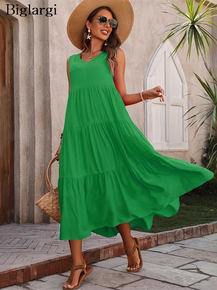 

Летнее платье без рукавов больших размеров, женское плиссированное трапециевидное платье с рюшами, свободные модные женские платья, повседневное женское длинное платье
