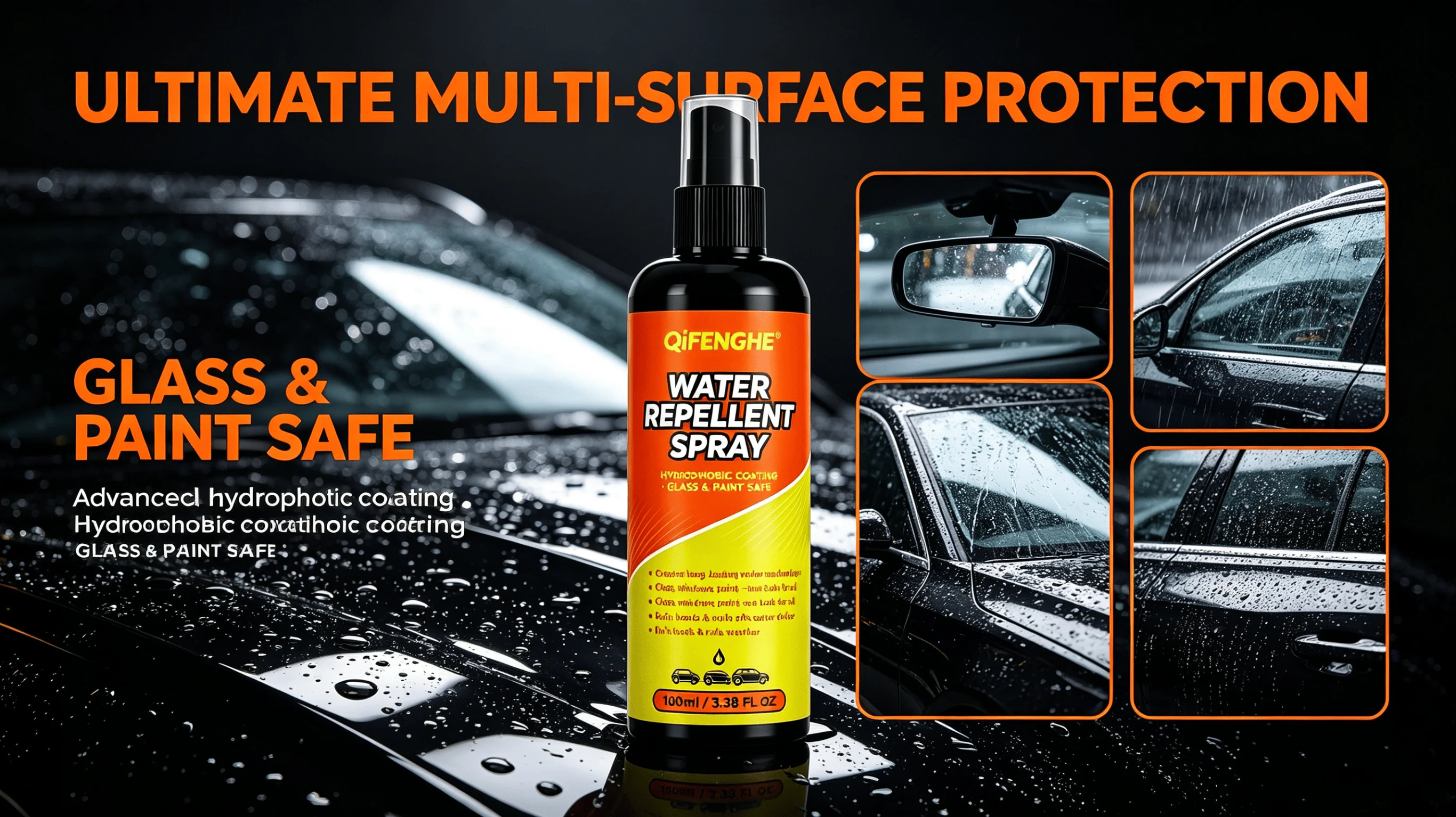 Glass Water Repellent with Anti-Fog & Hydrophobic Shield for Car Windows, Ensures Clear View, Rain Runs Away, Driving Safety
