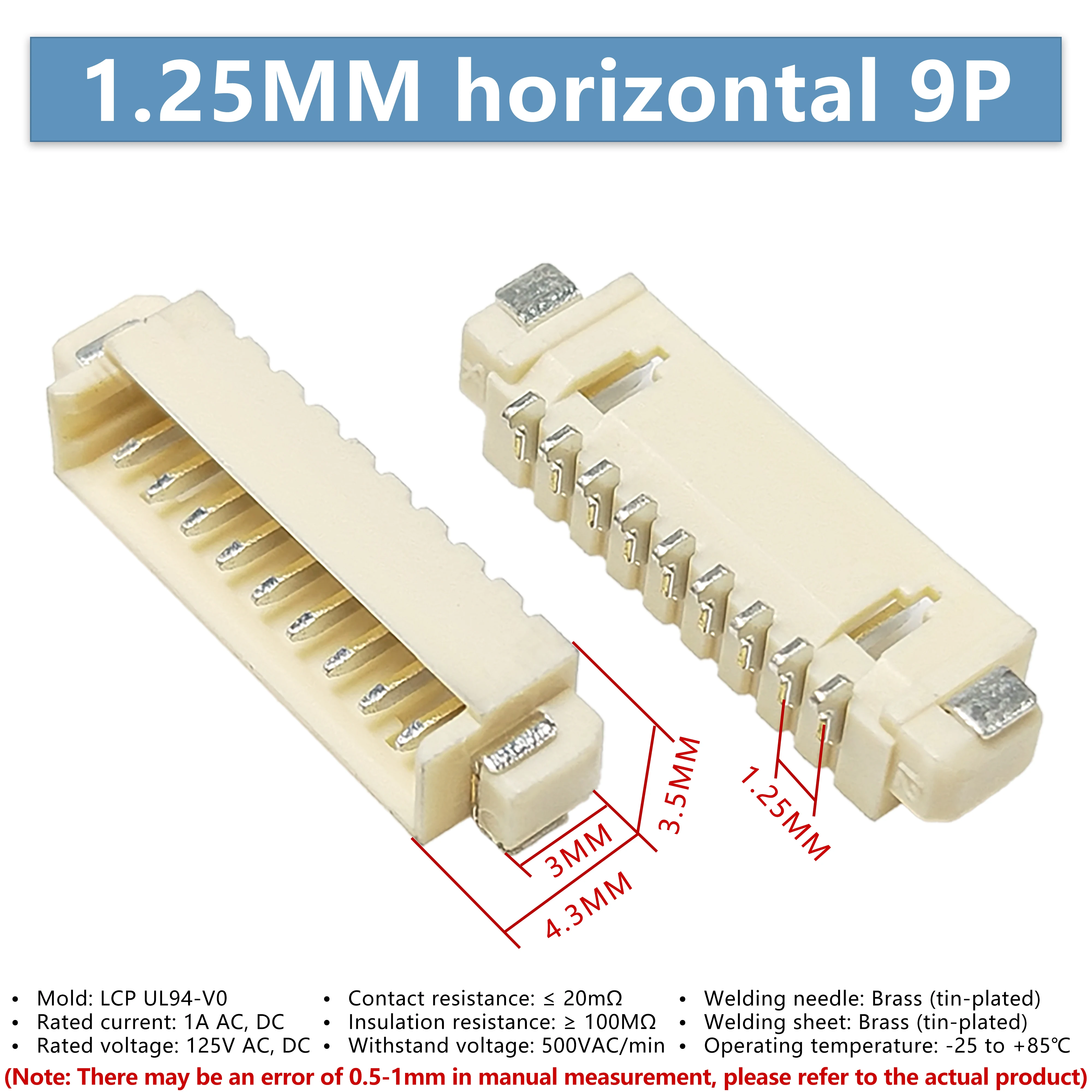 10PCS ZH1.25mm Pitch Horizontal 9P SMD Connector, Wire to Board Terminal Plug Female Socket, High Temperature Resistant