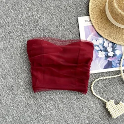 sweet mesh tube top Chic  off shoulder Camis Slim Korean Tanks Top Elegant Basic Crop Top summer Women Bustier