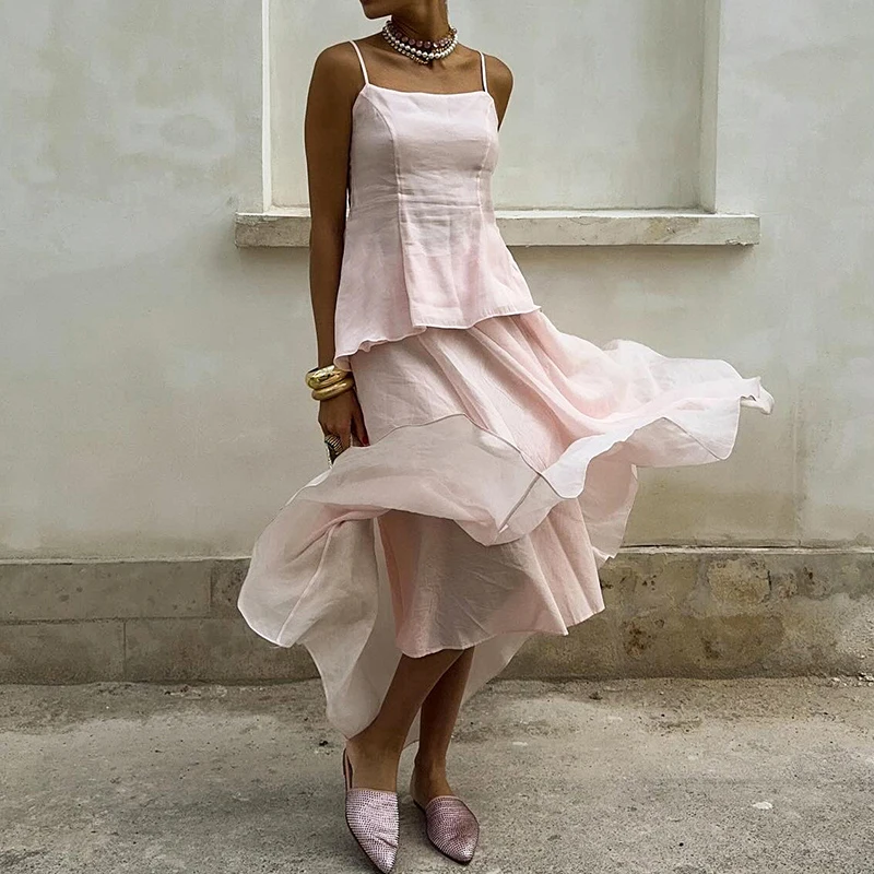 

Elegant Square Neck Camisole Top &Long Skirt Women 2pc Set Casual Holiday Party Suits Pink Off Shoulder Slim Fit Summer Outfit