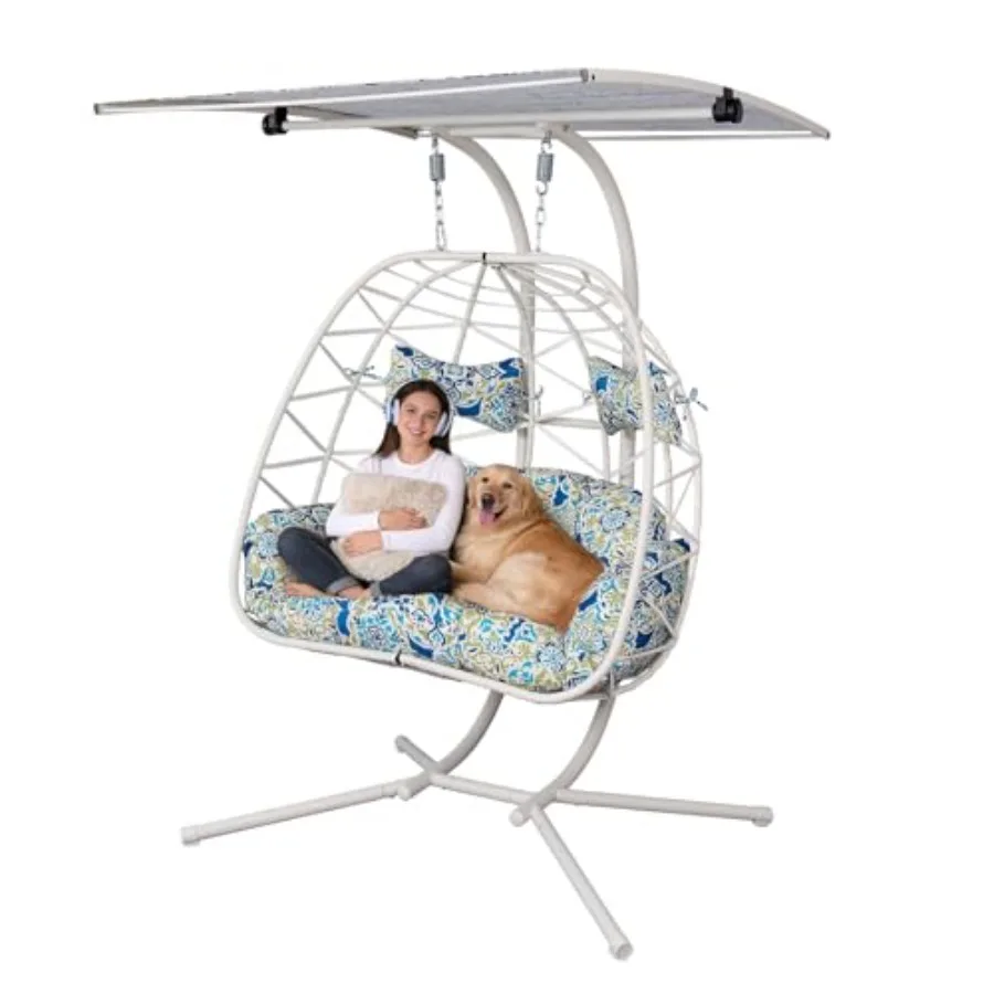 

2 Person Rattan Hammock Swing with Canopy and Stand for Bedroom, Balcony, Patio, Garden, Indoor, Outdoor White Flower Design, W