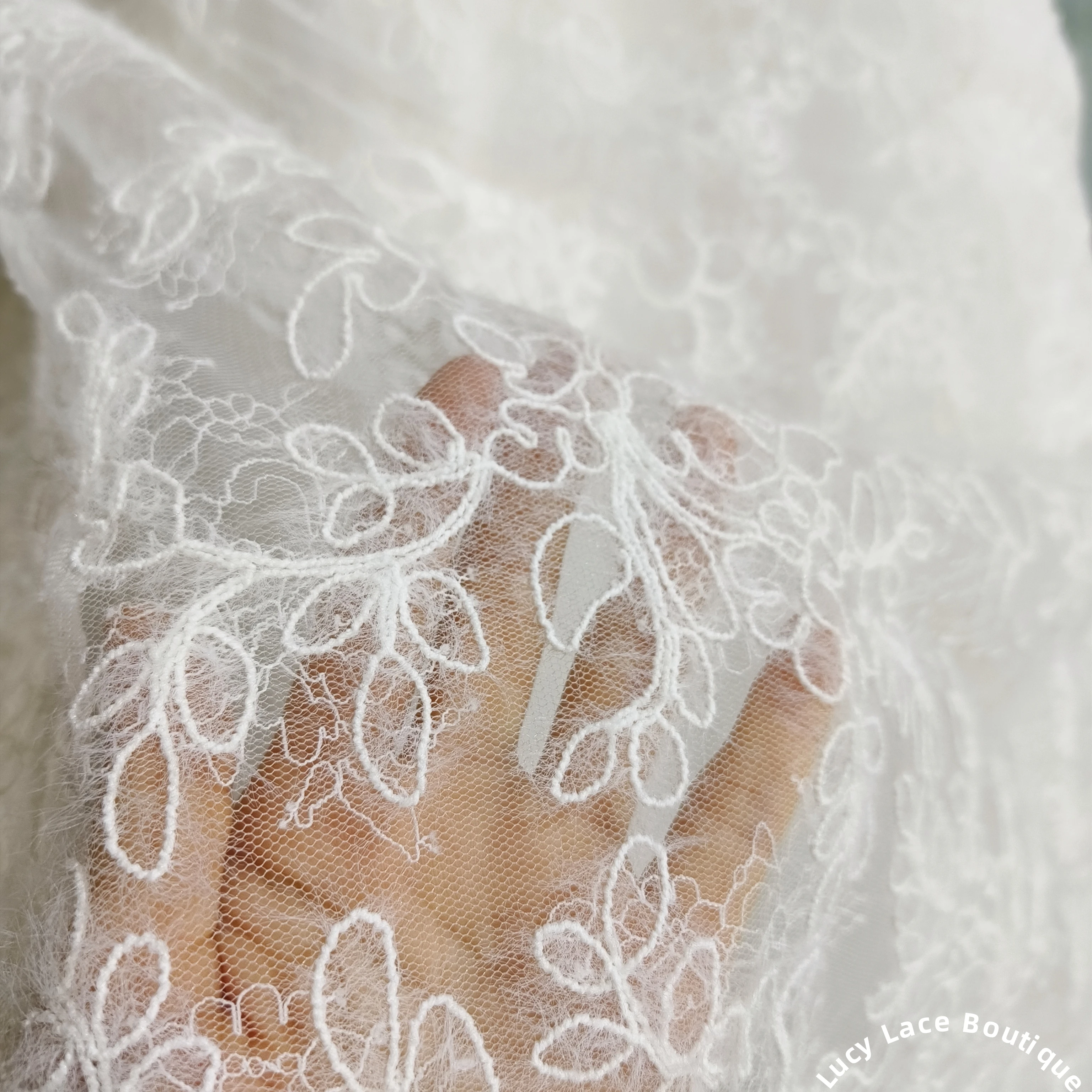 130CM Wide Embroidery on Lace Base Off White Colour Wedding Dress Fabric Material 2025 Latest Designs