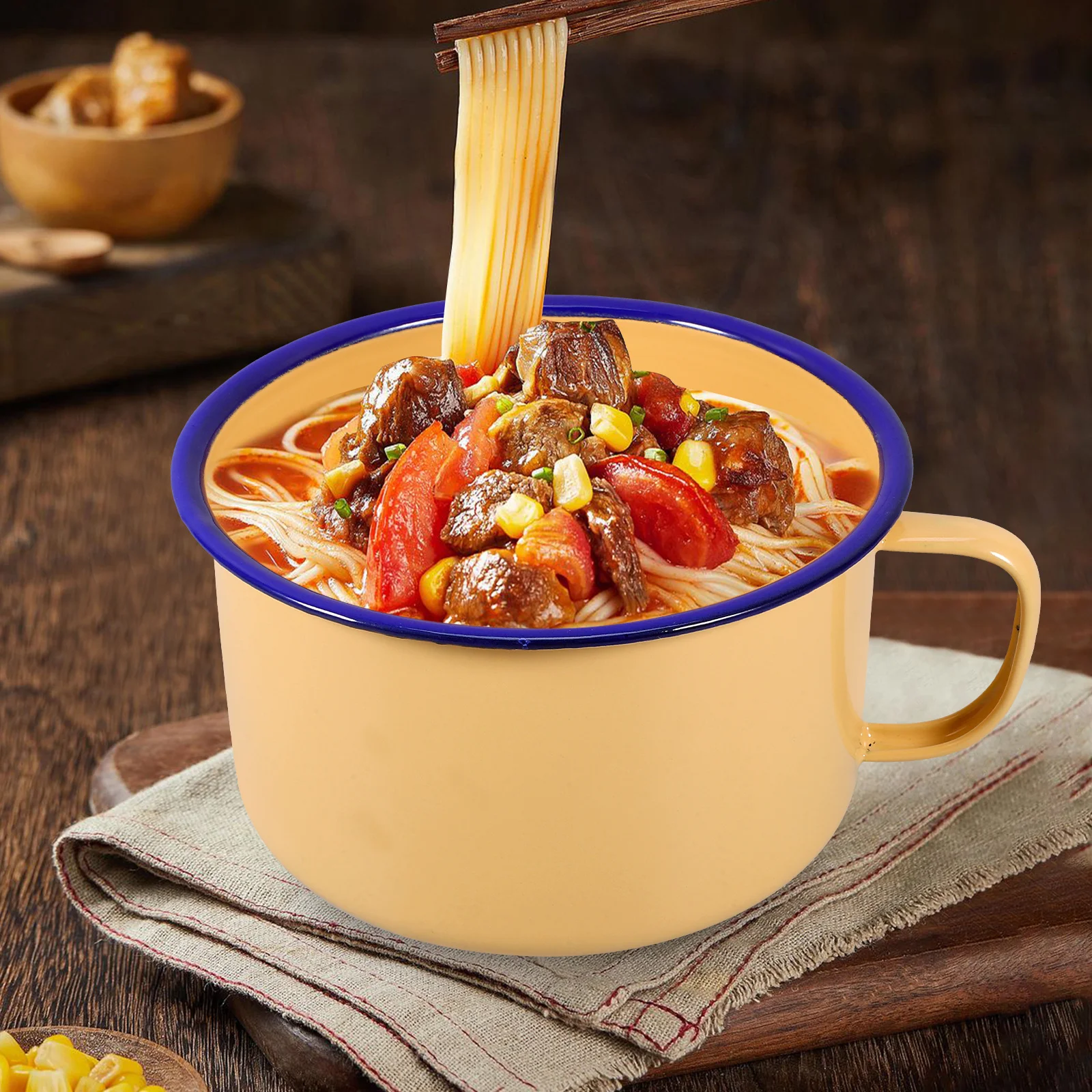 

Ramen Bowl Instant Noodles Home Food Serving Enamel Lid Retro Enameled Chinese Style Kitchenware Decorative Practical