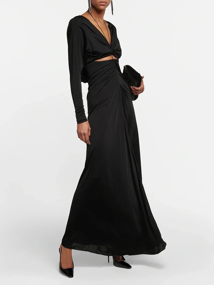 

Sexy V Neck Long Sleeve Cutout Long Dress Women Black Waist Hollow Out Design Maxi Gowns Dress Elegant Evening Celebrity Party