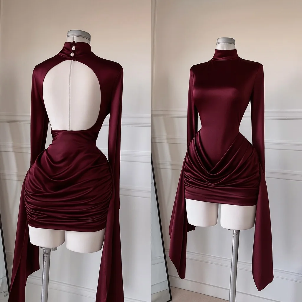 

Spring Summer High Neck Long Sleeve Backless Ruched Mini Dress Women's Bodycon Bandage Dresses Party Club Outfits