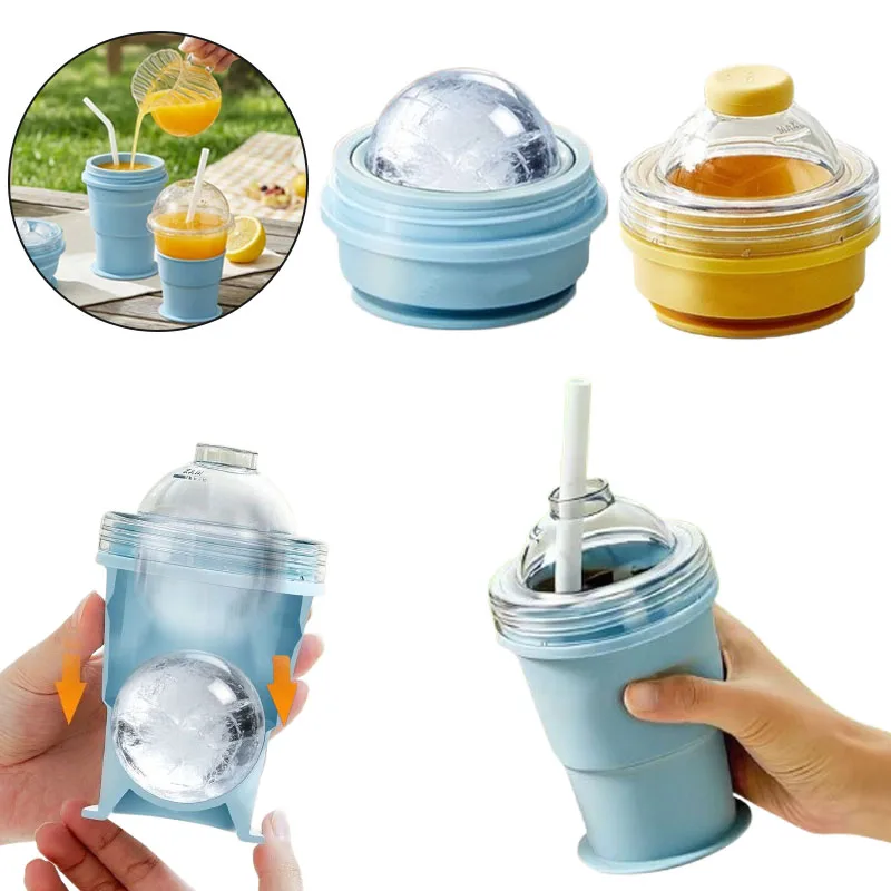 2 in 1 Foldable Ice Ball Water Bottle Portable Summer Travel Mug with Straw Food Grade Silicone Ice Maker Reusable Drinking Cup