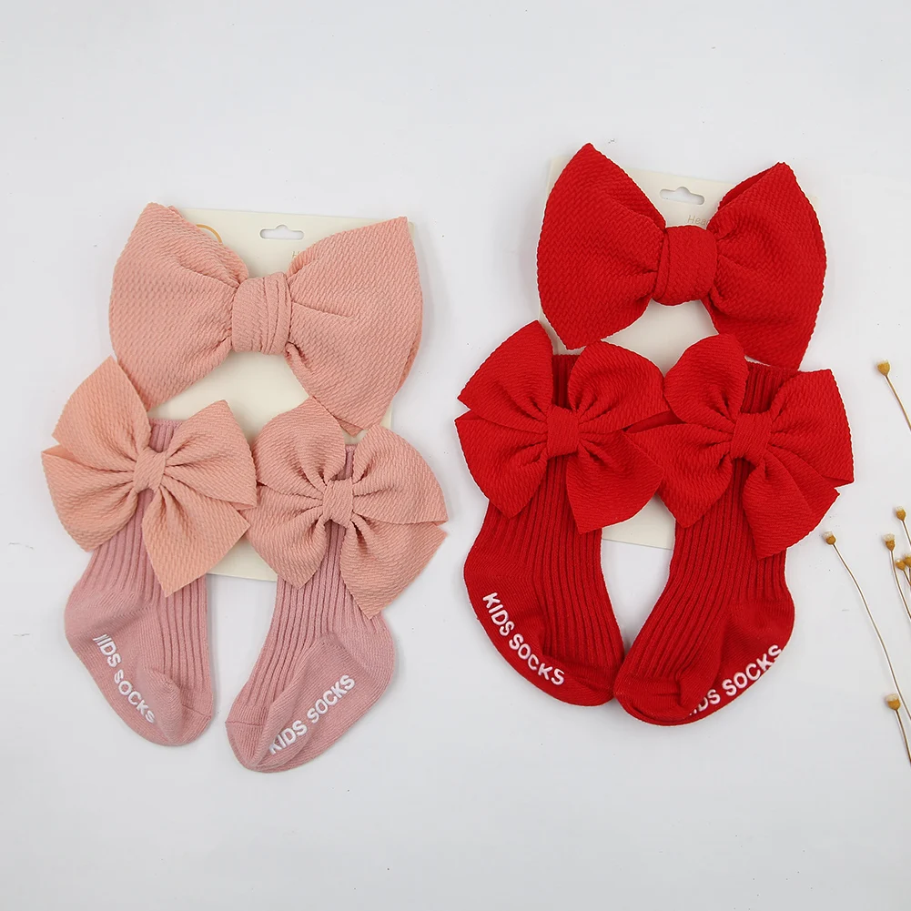 

3Pcs/Set Big Bullet Bow Baby Headbands Elastic Nylon Hairbands Anti-Slip Socks Long Knee Cotton Sock 0-12M Maternity Clothing