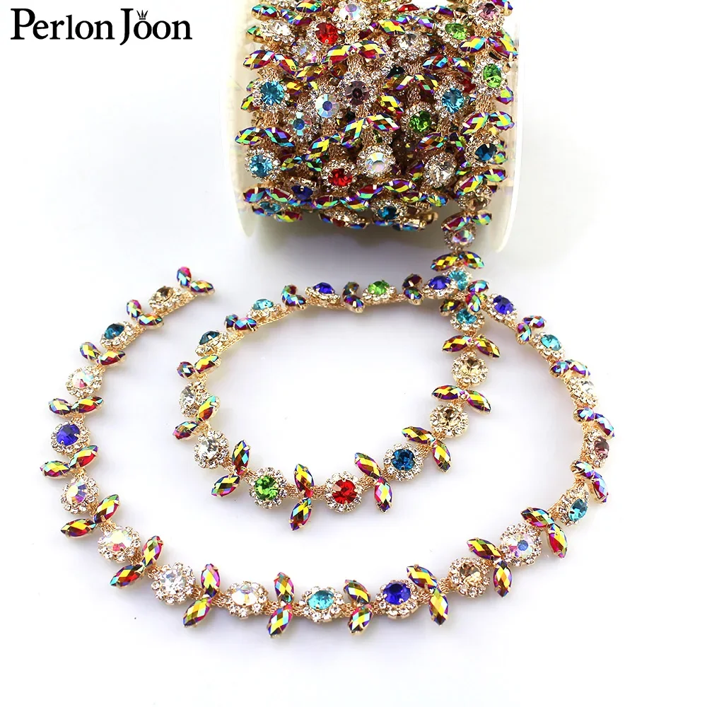 mixed color AB color rhinestone trim flower crystal metal chain women clothing decorative shoes Accessories ML058