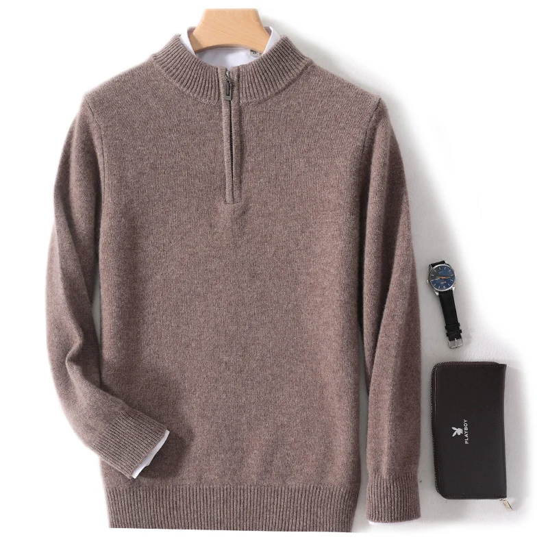 Men's Mock Neck Sweater 100% Merino Wool Knitwea Pullovers Simple Zipper Tops Basic Soft Comfort Warm Chic Casual Long Sleeve