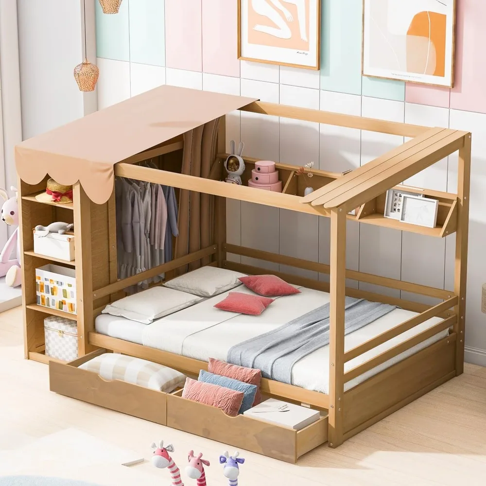 

Harper & Bright Designs Full Canopy Bed with 2 Storage Drawers & Wardrobe, Wood Full Daybed Frame, Modern 4 Poster Bed, Full Pla