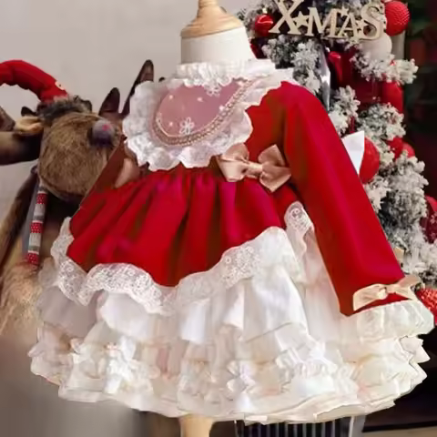 New Carnival Christmas New Year Girls' Princess Dress Cute Lace Corduroy Baby Girls' 1st Birthday Party Prom Evening Dress