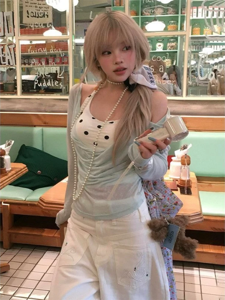 Draped Neckline Long Sleeve Fairy Sets Cardigan Polka Dot Halter Slim Sling Vest Korea Chic Ins French Style Two Pieces