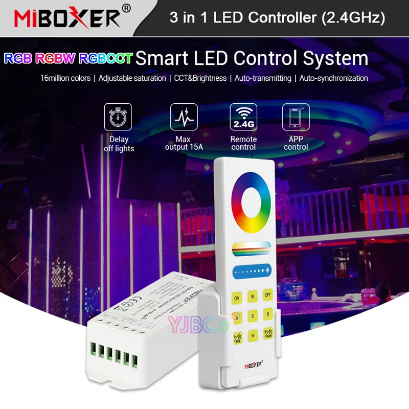 

Miboxer (RGB RGBW RGBCCT) 3 in 1 LED Strip Controller DMX512 DC 12V 24V Max15A 2.4G RF Remote turn off light timing Light Dimmer