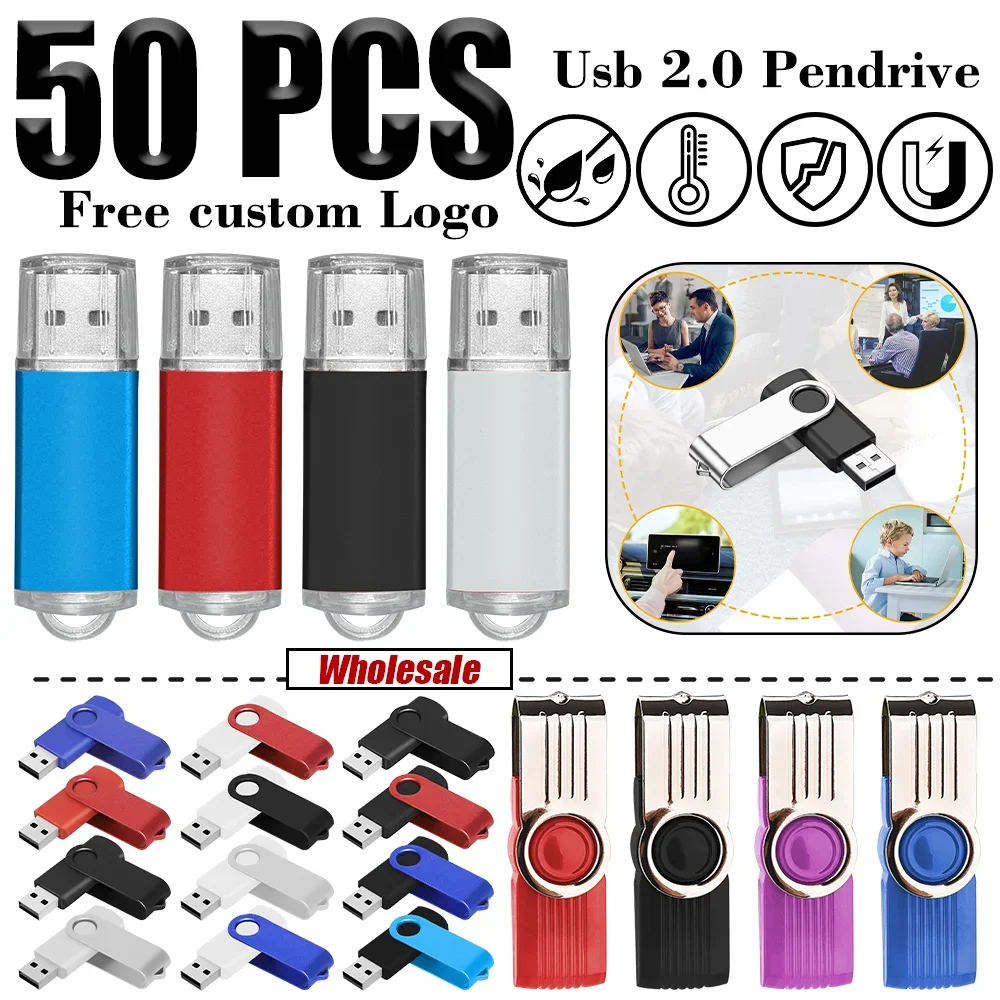 50PCS USB Flash Drive 128GB Free Custom Logo Pen Drive 64GB Wholesale Pendrive 32GB 16GB 8GB Metal Memory Stick Storage Device
