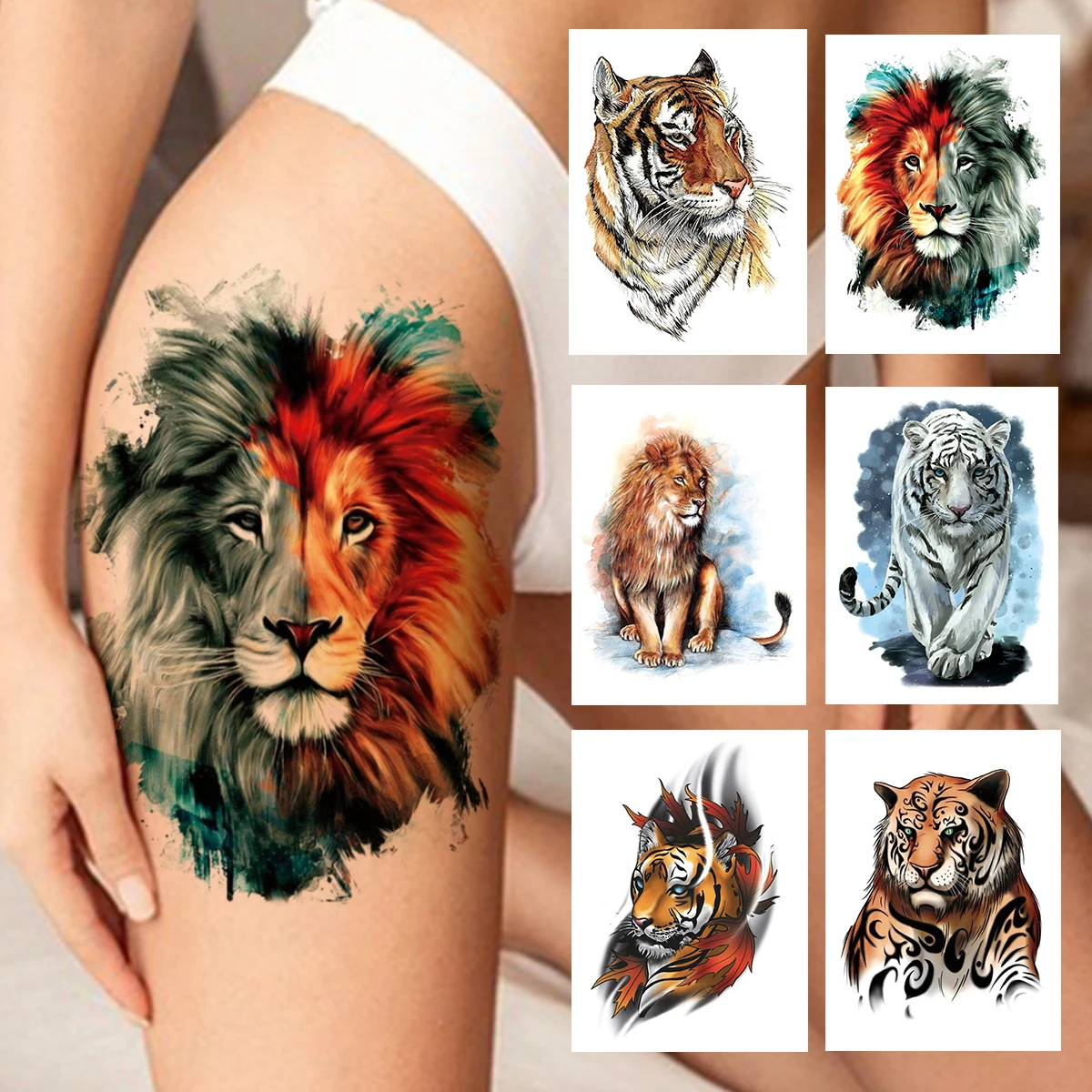 Watercolor Lion Tiger Temporary Tattoo For Women Men Atult Kid Realistic Fake Animal Tattoo Sticker Water Transfer Tatoos Thigh