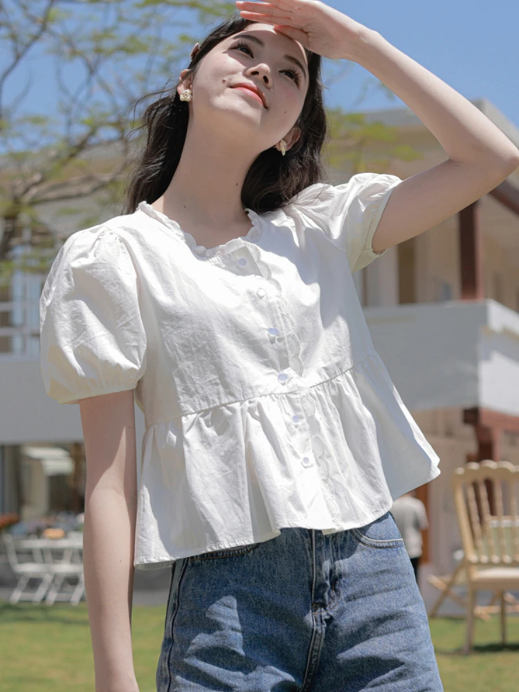 Summer Shorts for Women Tops Gentle Soft Sweet Puff Sleeve Tender Ulzzang Students Breathable Camisas Literary Streetwear Daily