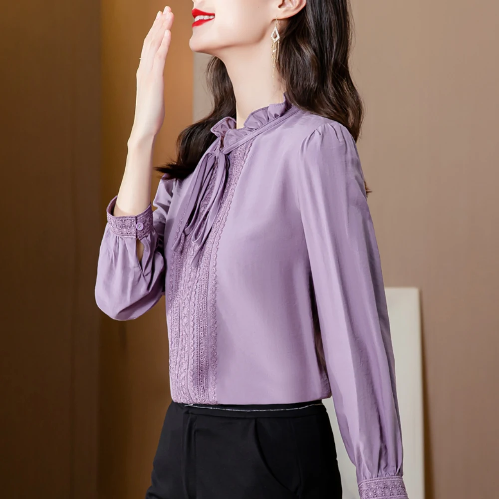 Women\'s Lace Splice Purple Silk Shirts Long Sleeve Fashion Women Blouses 2024 Sweet Fungus Edge Bow Collar Office Lady Tops