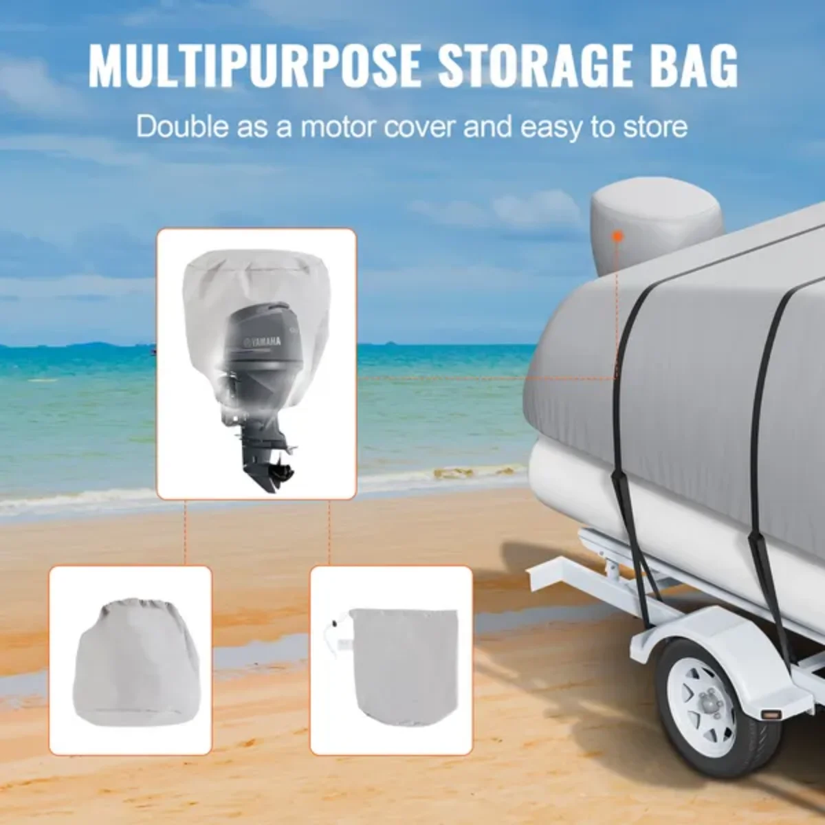 VEVOR 23'-24' ポンツーン カバー |   800DマリンPU |   モーターカバー |   16本のストラップ |   グレー