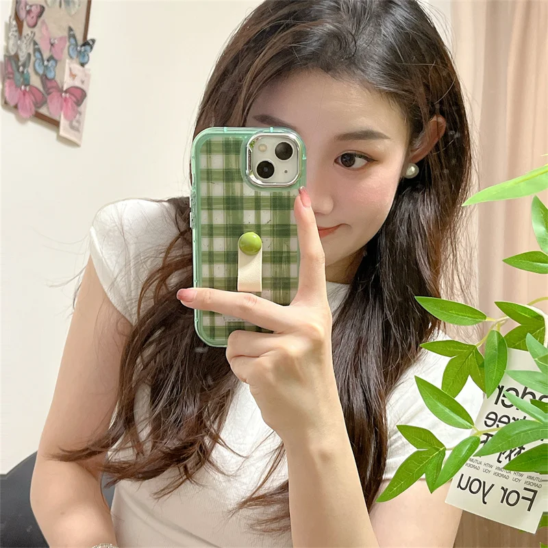 Semi transparent dark green checkered phone case with three-dimensional bead accessories Phone Case For iPhone 13 14 15 pro max