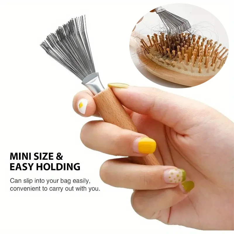 2pcs Comb Hair Brush Cleaner Wooden Handle Cleaning Brush Remover with Metal Wire Mini Remover Hair Cleaning Brush Beauty Tools