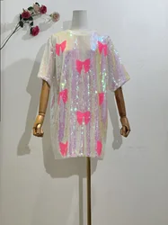 New Women Fashion Butterfly Embroidery Sequin Short dresses Short Sleeve O-Neck Loose Hip Hop Streetwear Top Mini Dress