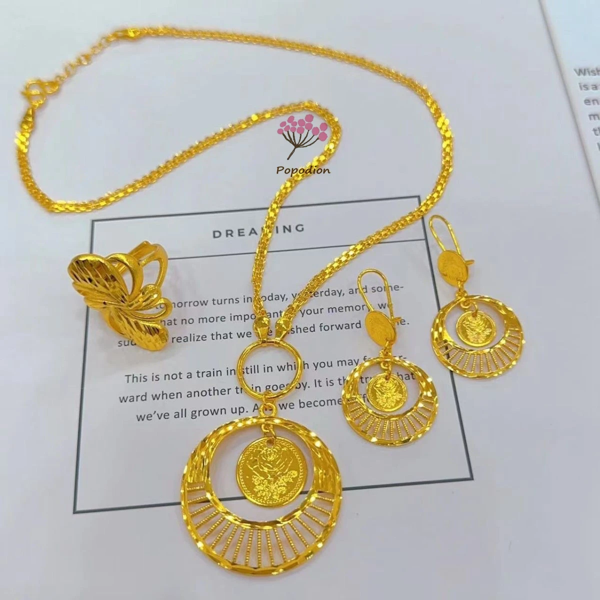 

New Dubai 24K Gold Plated Necklace Earrings and Rings for Women's Wedding Party Jewelry Set DD10452