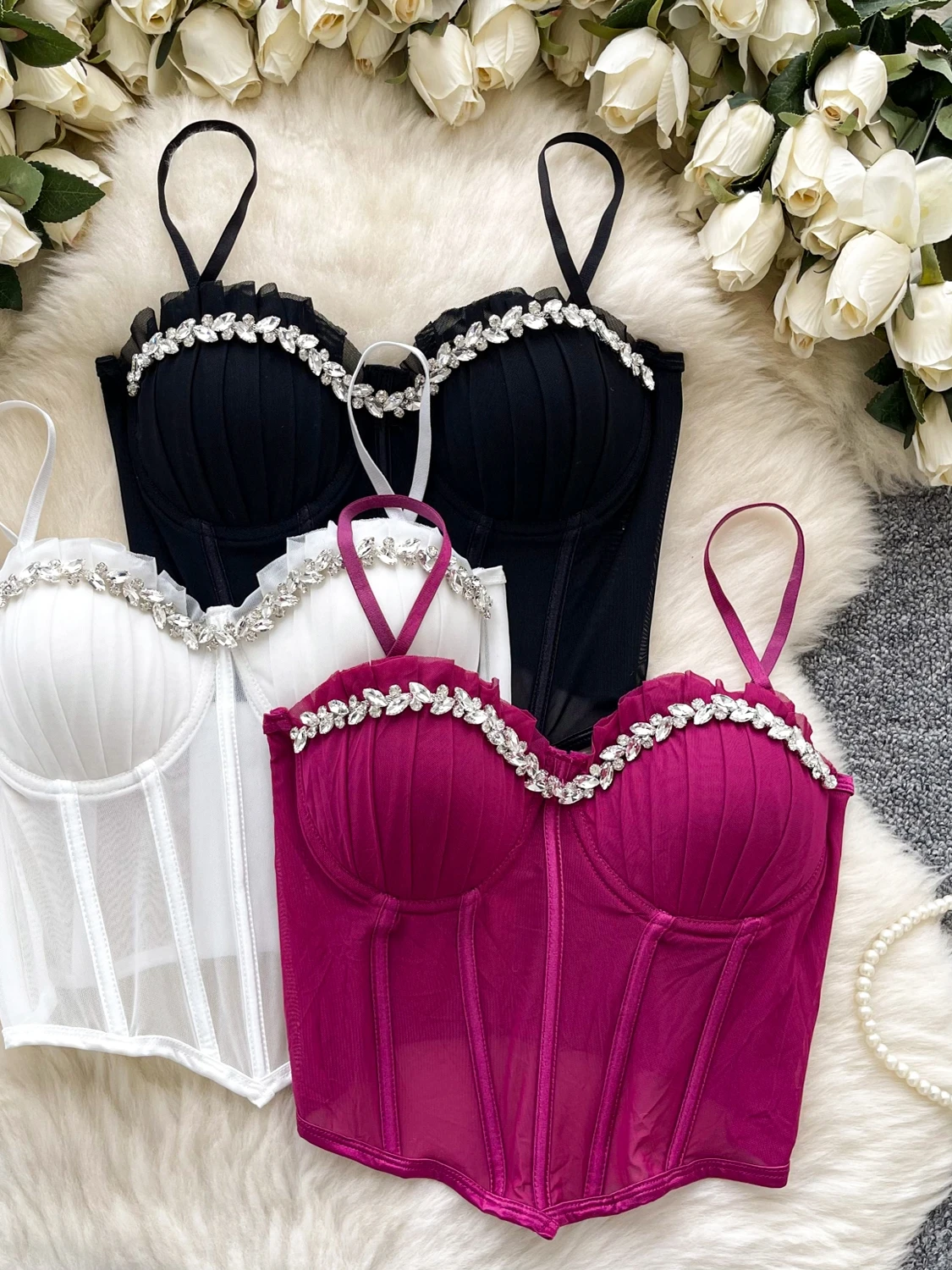 

Foamlina Celebrity Chic Sling Tube Corset Top Women's Summer Diamond-encrusted Edge Fish Bone Tight White Black Bra Bustier