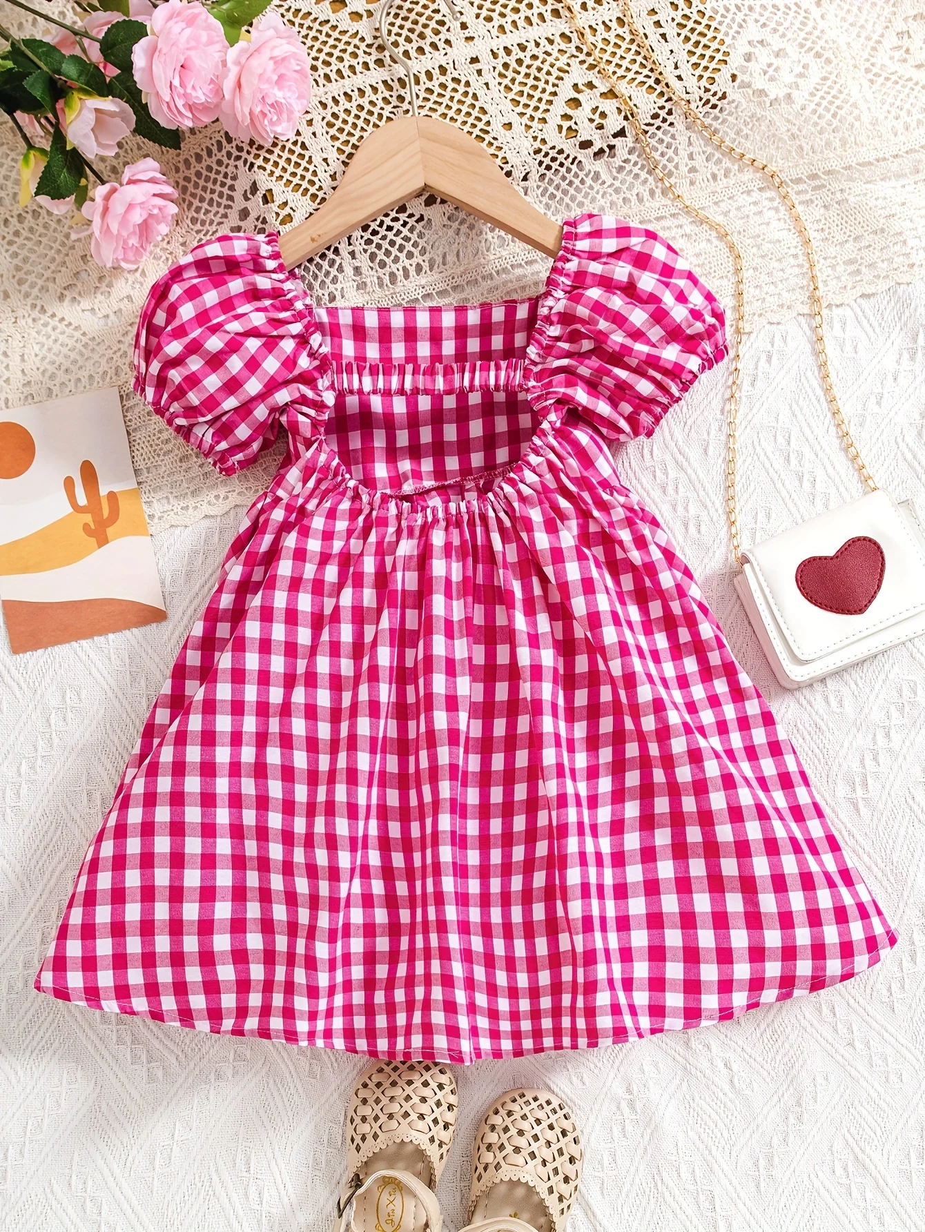 Baby Girl\'s Cute Plaid A-line Puff Sleeve Dress, Casual Hollow Square Neck Dress For Summer