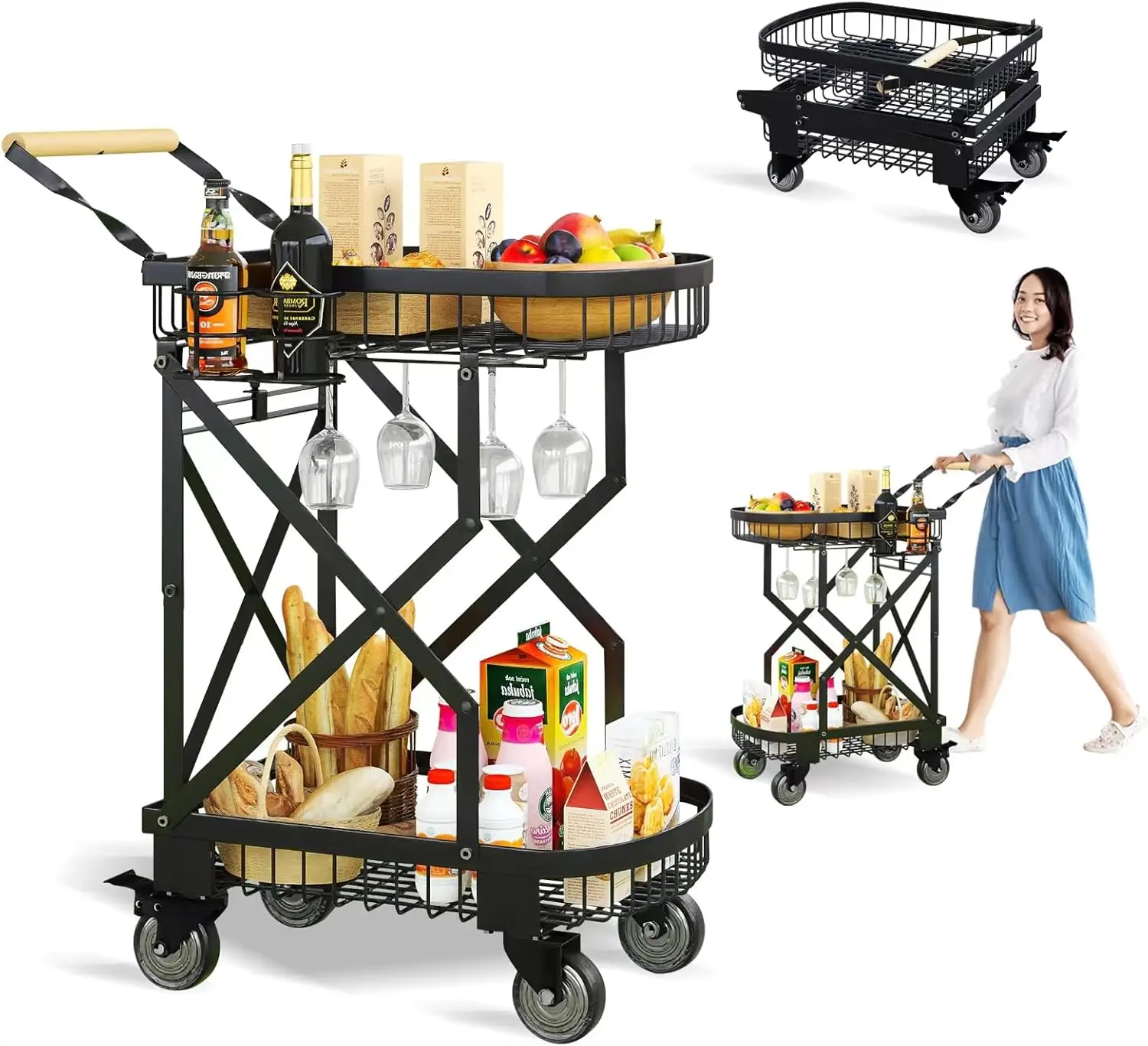 2-Tier Foldable Shopping Cart with 360° Swivel Wheels, Heavy Duty Utility Cart for Groceries, Camping, Laundry