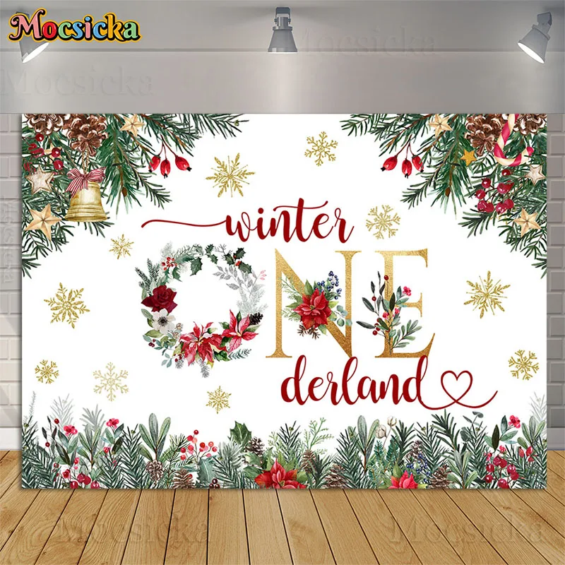 Winter Onederland Party Backdrops Decoration Props Baby Christmas Holly Flower Wreath Kids First Birthday Photography Background