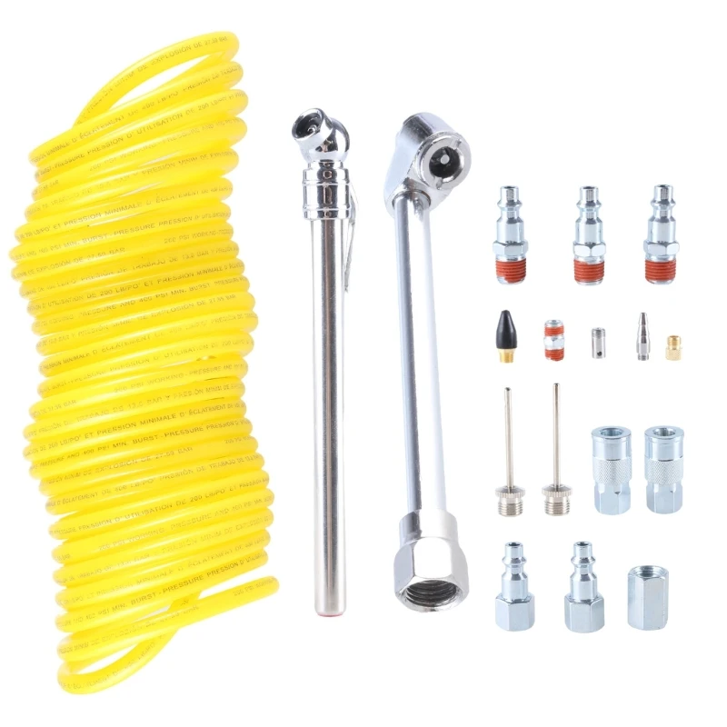 Comprehensive 20Pcs Air Tool Set With Fittings Nozzles And Recoil Hose For Compressor With Hose and Cleaning Attachments