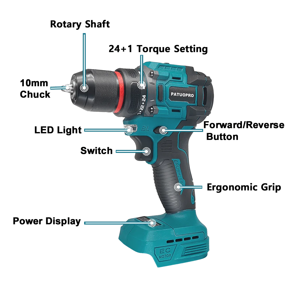 10mm Electric Brushless Drill 2-Speed Self-locking Cordless Drill Screwdriver 60-100Nm Torque Power Tools For Makita 18V Battery