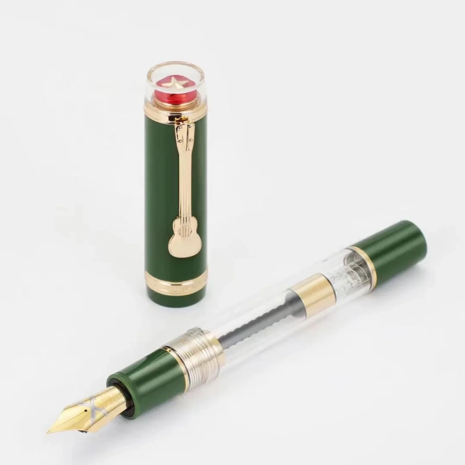 Jinhao 1935 Tiandao Series Fountain Pen #8 F/M Nib with Guitar Clip, Transparent and Resin Writing Pen & Large Converter