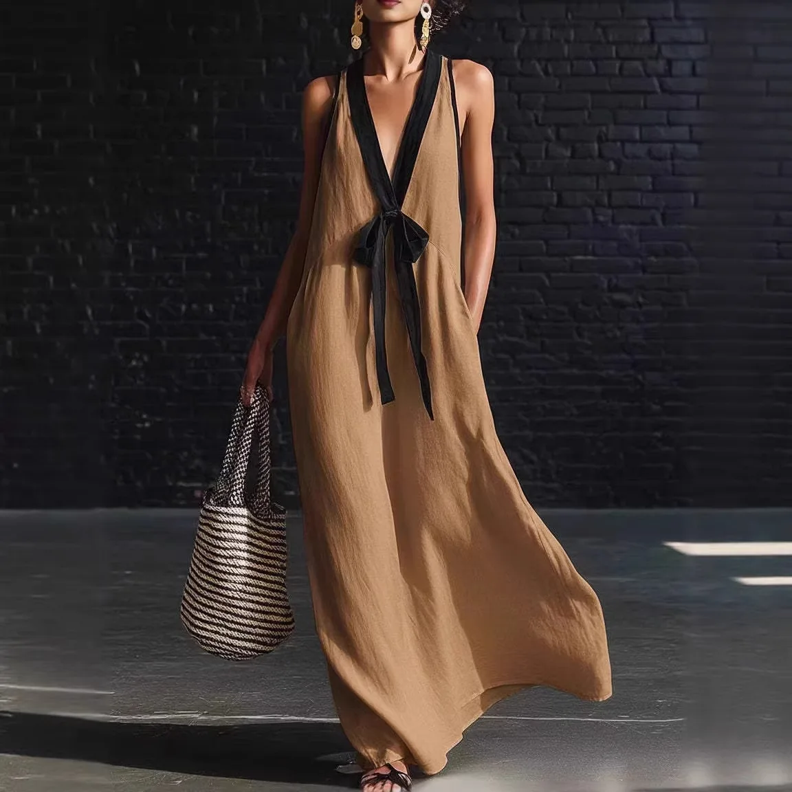 

Boho Beach Summer Sleeveless Patchwork Long Dress Elegant Ladies Weddings Party Sundress Women V Neck Lace-up Flowy Maxi Dress