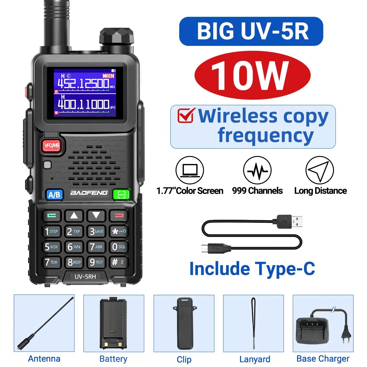 Baofeng UV 5RH 10W Volledige banden Walkie Talkie Draadloze kopieerfrequentie Type-C Oplader Verbeterde UV 5R Transceiver Ham Tweerichtingsradio