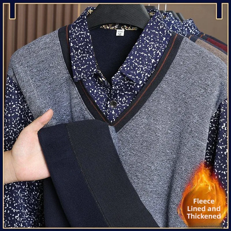 

Men's Faux Two-Piece Thiened Fce Lined Knitted irt Collar Inteated Velvet Warm Base Layer irt Dad Sle Casual Wear