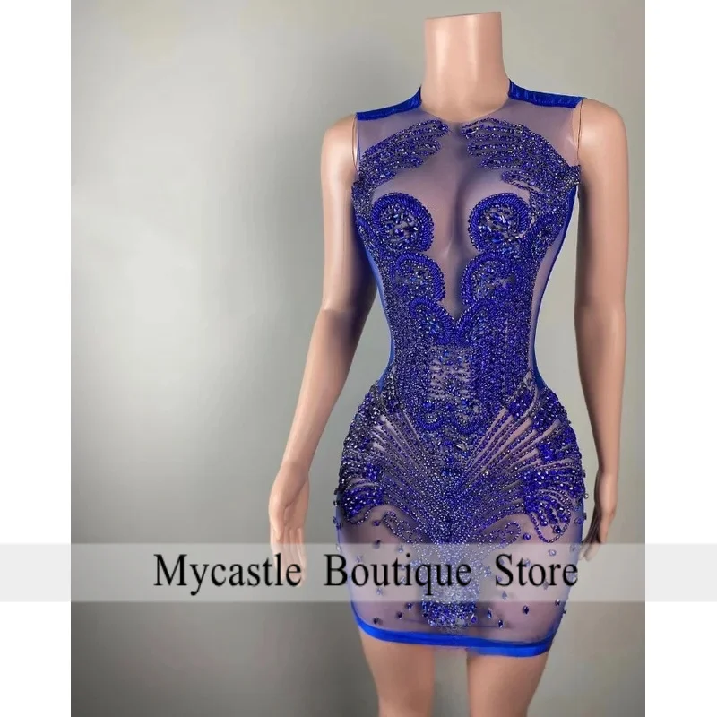 

Сексуальные короткие коктейльные платья с драгоценными камнями и синими стразами для женщин, роскошные прозрачные аппликации из бисера, индивидуальные платья на день рождения, Vestidos De Festa