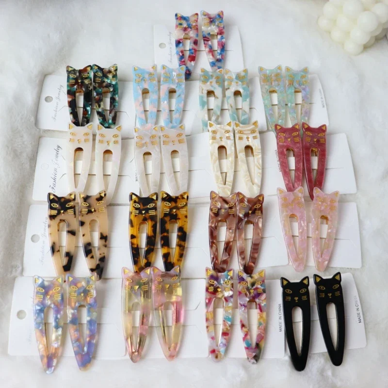 2Pcs/Set Hairpins Cute Cat Acetate Hair Clips Headband For Women Girls Water Drop Leopard Print Barrettes Hair Accessories Gift