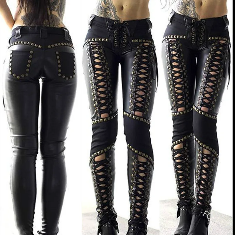 2024 Spring Summer New Women's Clothing Solid Color Punk Rock Imitation Leather Skinny Pants Wish Strap Leather Pants