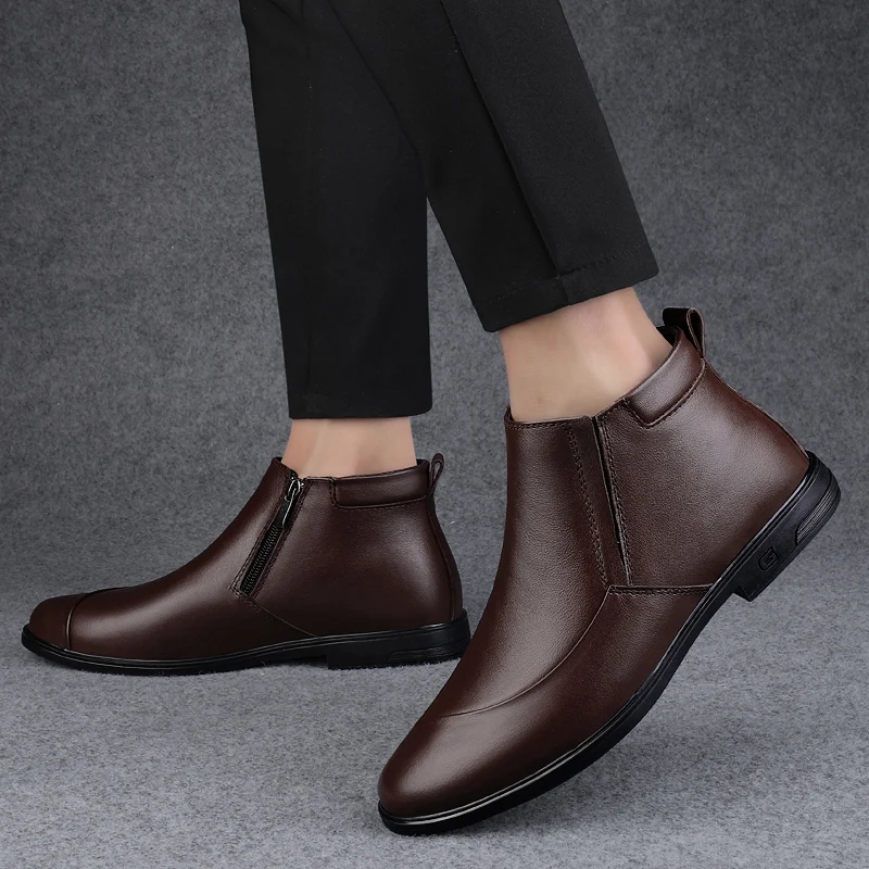 Business Chelsea Boots Mens Winter Ankle Boots Men Genuine Leather Men Boots Fur Snow Boots Men Winter Dress Shoes 2022 New